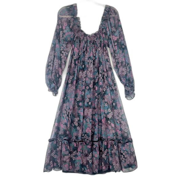 Vintage Union Made Pleated Midi Dress Size 4 Dark Floral Purple Fairy 70s 80s - Picture 5 of 12